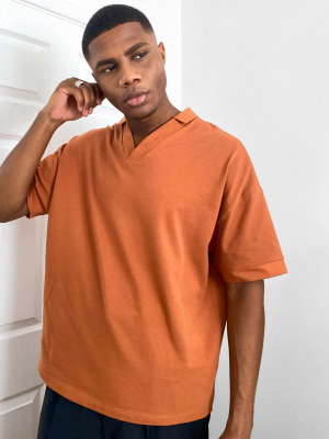 Asos Design Oversized Pique V-neck Polo In Tan