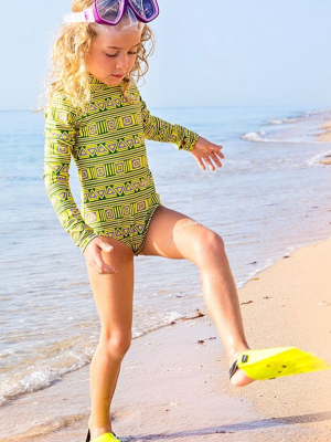 Mini Aurora High Neck Rashguard Bodysuit (kids) - Green Vineyard Print