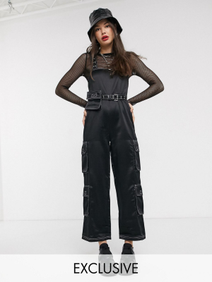 Collusion Belted Satin Jumpsuit In Black