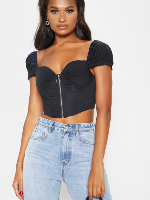 Black Zip Front Puff Sleeve Top