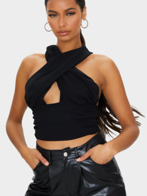 Black Sheer Chiffon Halterneck Crop Top