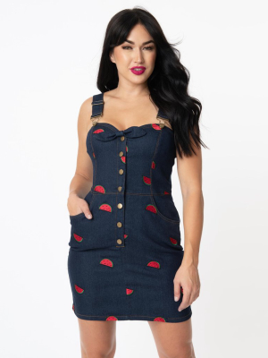 Unique Vintage Dark Denim & Watermelon Fitted Pinafore