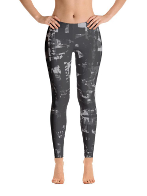 Charcoal Gray And Black Grunge Print Leggings By Grafik Girl