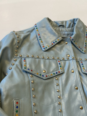 Igwt Vintage - Rainbow Rhinestone Leather Jacket / Sky Blue