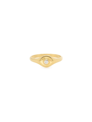 14k Round Signet Ring With Bezel Diamond