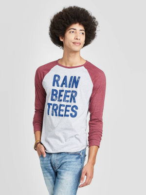 Men's Long Sleeve Crewneck Rain Beer Trees Raglan Graphic T-shirt - Awake Gray/burgundy