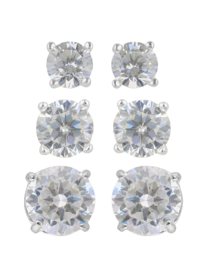 Women's Sterling Silver Stud Earrings Set Of 3 Post Round Cubic Zirconia 3pc - Silver/clear