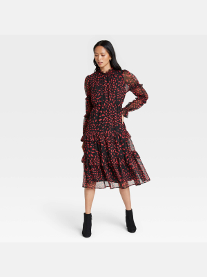 Women's Floral Print Ruffle Long Sleeve Dress - Who What Wear™ Black