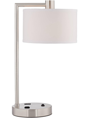 360 Lighting Modern Desk Table Lamp With Hotel Style Usb And Ac Power Outlet In Base Brushed Nickel White Linen Drum Shade For Bedroom Office