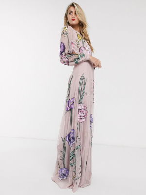 Asos Edition Maxi Dress With Cut Out Back And Oversized Floral Embroidery