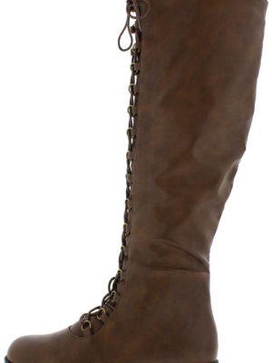 Travis05b Brown Pu Lug Sole Front Lace Up Knee High Boot