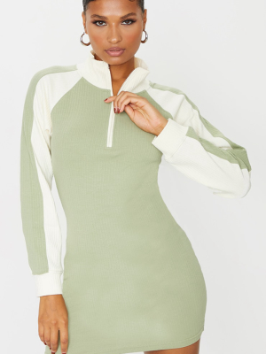 Sage Green Rib Contrast Zip Detail Bodycon Dress