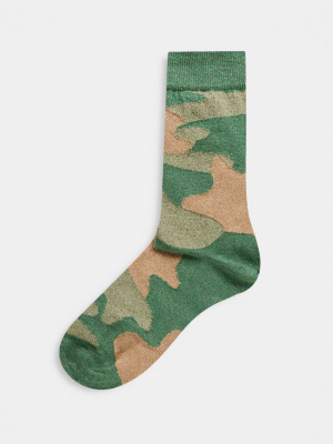 Asos Design Ankle Sock With Camo Design In Glitter Yarn