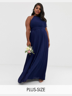 Tfnc Plus Bridesmaid Exclusive High Neck Pleated Maxi Dress In Navy