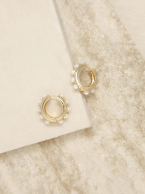 Pearl & 18k Gold Plated Mini Huggie Hoop Earrings