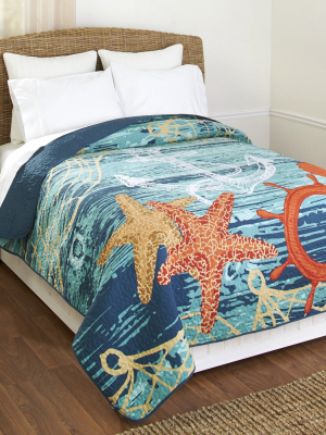 Lakeside Nautical Bed Quilt With Ocean Life Imagery And Coastal Motif