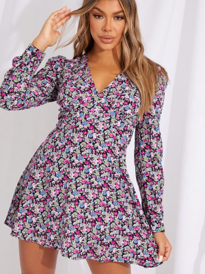 Multi Floral Print Open Back Detail Shift Dress