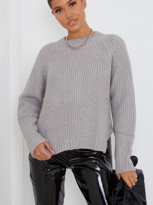 Grey Soft Knit Balloon Sleeve Funnel Neck Sweater