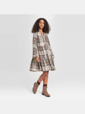 Women's Plaid Puff Long Sleeve Shirtdress - Knox Rose™