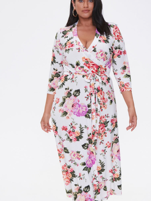 Plus Size Floral Surplice Midi Dress