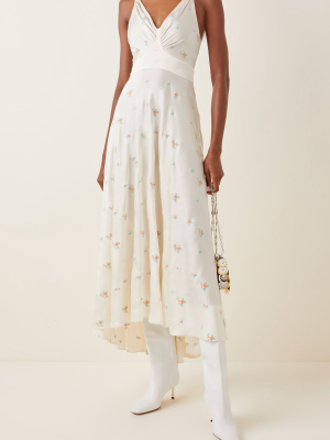 Floral-embroidered Satin Midi Dress