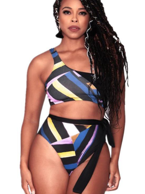 Plus Size Stripe High Waist One Shoulder Bikini Swimsuit - Two Piece Set