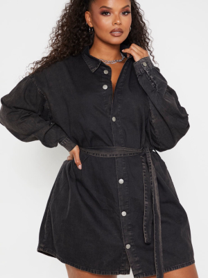 Plus Black Acid Wash Belt Detail Denim Dress