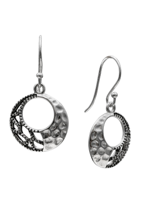 Women's Oxidized And Hammered Drop Circle Earrings In Sterling Silver - Silver (28mm)