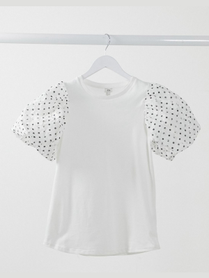 River Island Polka Dot Puff Sleeved T-shirt In White