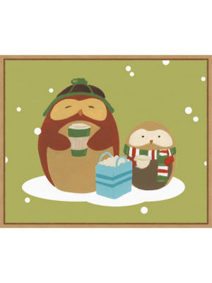 20" X 16" Happy Owlidays Viii Owl In Snow By June Erica Vess Framed Canvas Wall Art - Amanti Art