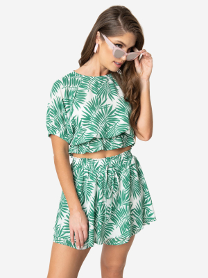 Retro Style Green & White Palm Print Tropical Skort