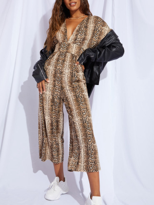 Stone Snake Print Plunge Culotte Jumpsuit