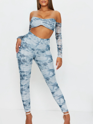 Shape Blue Tie Dye Mesh Ruched Tie Detail Leggings