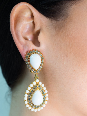 White & Crystal Teardrop Clip Earrings