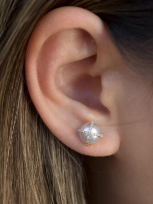 14kt Rose Gold Diamond X Pearl Stud Earrings