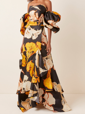 Off-the-shoulder Floral-print Silk Gown