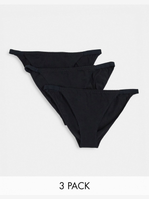 Asos Design 3 Pack Elasticated Tanga Cotton Brazilian In Black