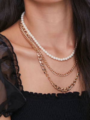 Faux Pearl & Chain Necklace Set