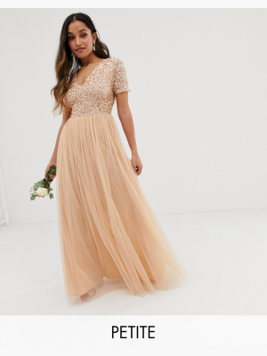 Maya Petite Bridesmaid V Neck Maxi Dress With Delicate Sequin In Soft Peach