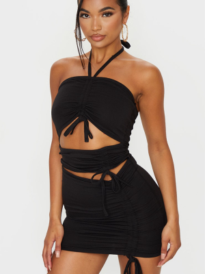 Black Triple Ruched Cut Out Bandeau Bodycon Dress