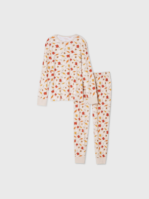 Men's Leaf Print Matching Family Pajama Set - Oatmeal