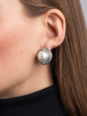 Silver And Crystal Loveknot Clip Earrings With Pearl Center