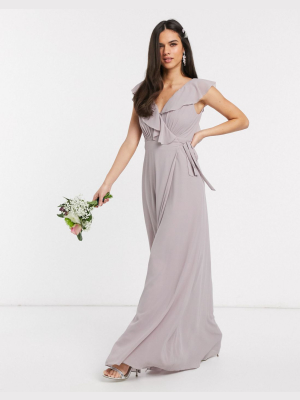 Tfnc Bridesmaid Ruffle Detail Maxi Dress With Thigh Split In Gray