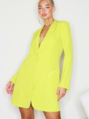 Lime Long Sleeve Curved Pocket Detail Blazer Dress