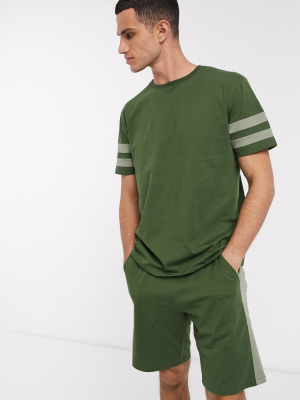 Asos Design Lounge T-shirt And Pintuck Short Pajama Set With Collegiate Stripe In Khaki