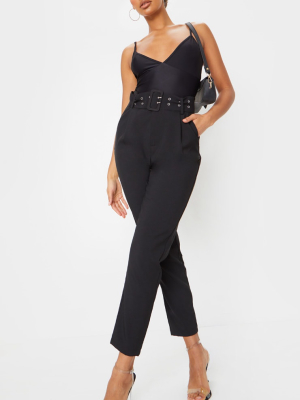 Black Dual Buckle Belted Cigarette Pants