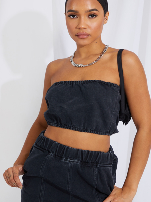 Washed Black Elasticated Denim Bandeau Top