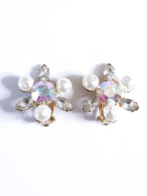 Vintage Pearl With Aurora Borealis Pinwheel Clip Earrings