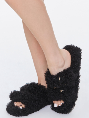 Faux Sheepskin Buckled Slippers