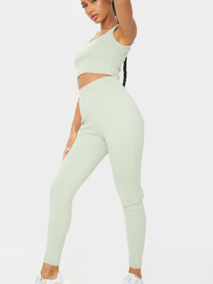 Sage Green Ribbed High Waist Pocket Detail...